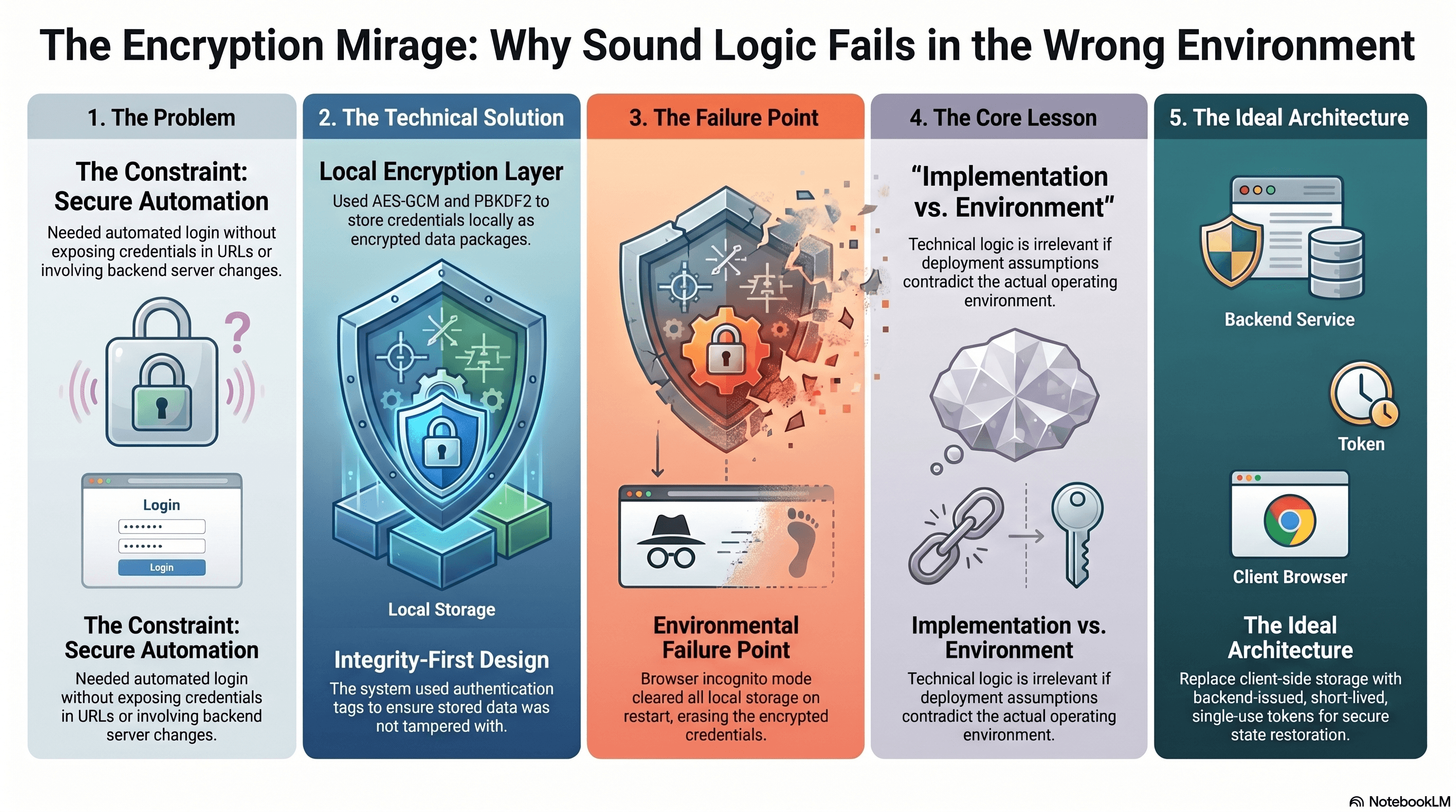 Illustrated lifecycle showing local encryption, environmental failure, and backend-issued token architecture