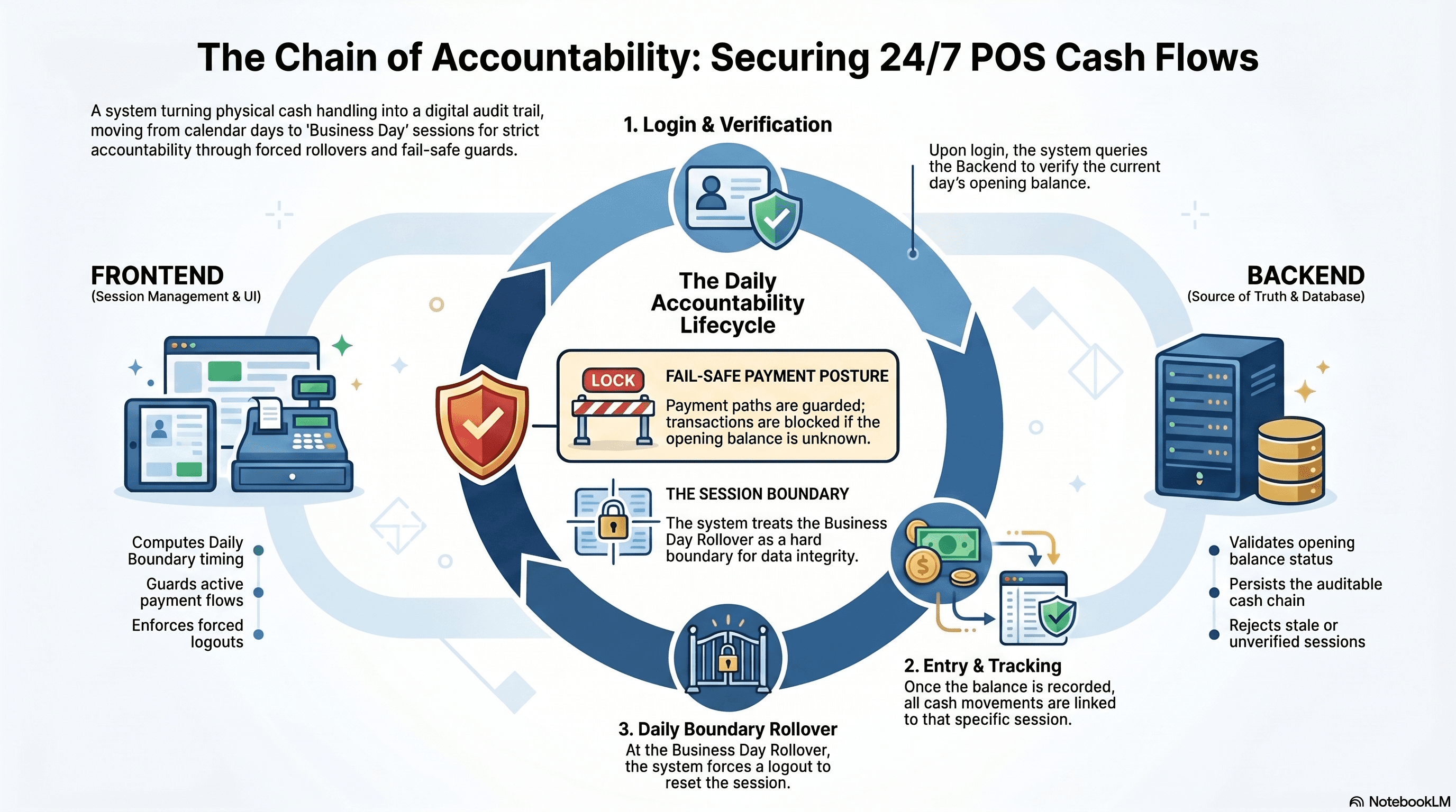 Illustrated accountability lifecycle for securing 24/7 POS cash flows